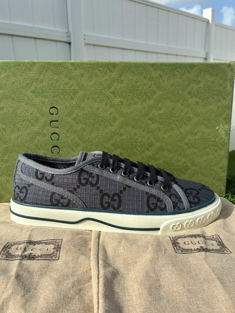 GUCCI TENNIS 1977 GREY BLACK GG SUPREME NEW MONOGRAM SNEAKERS SZ G8 EU 42 NEW!